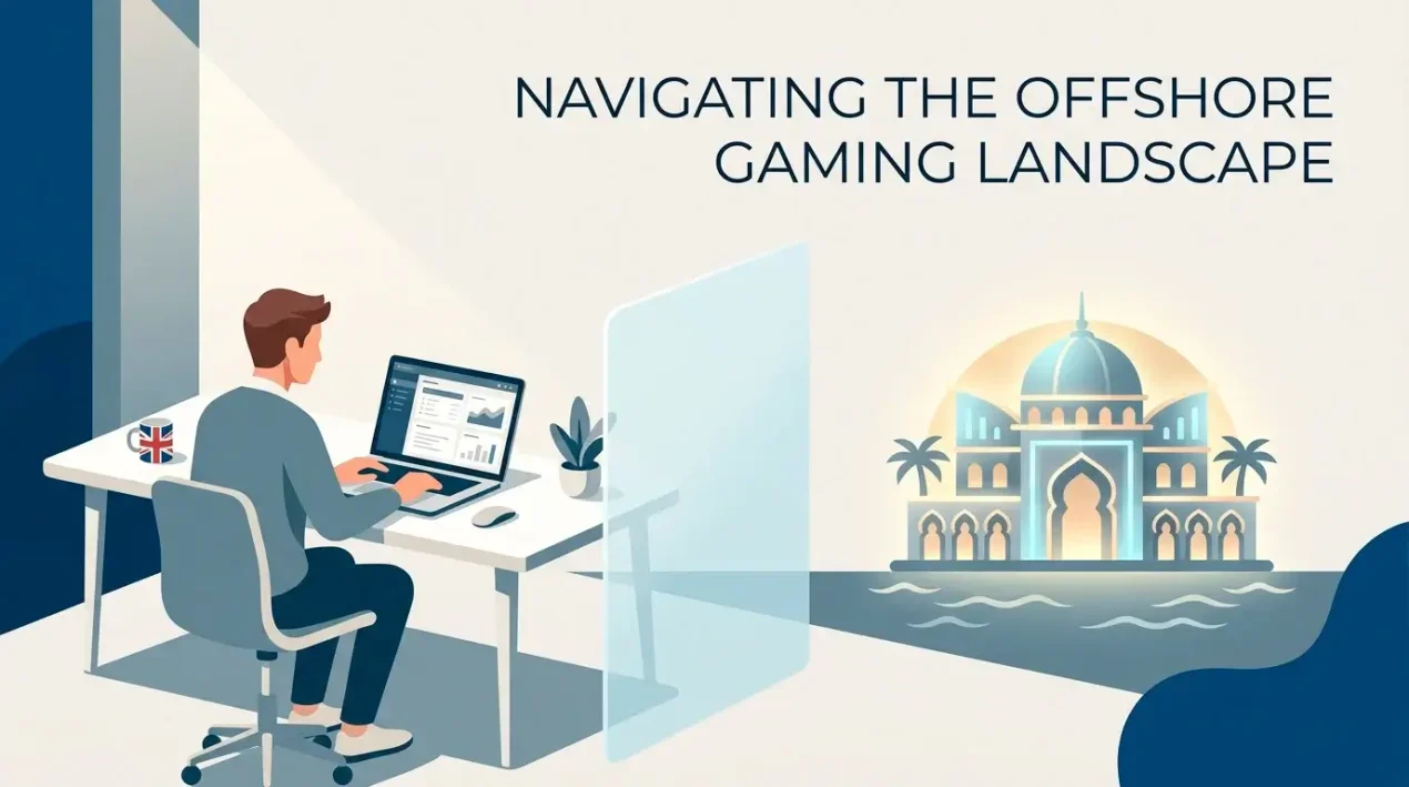 Conceptual illustration of a UK player at a laptop with an offshore casino sitting outside the GamStop self-exclusion barrier