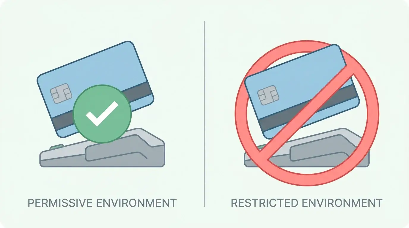 A credit card being accepted at an offshore site contrasted against a UK ban symbol