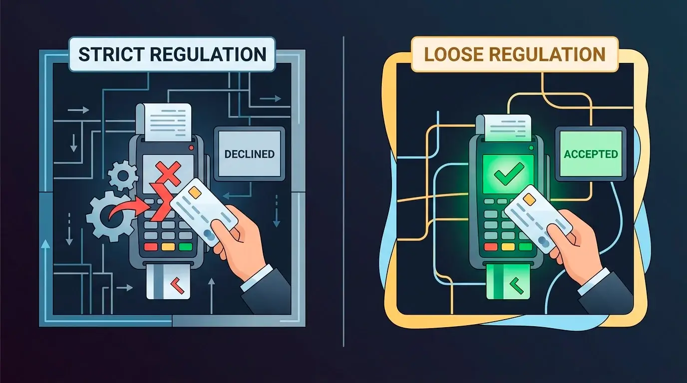 Illustration contrasting a blocked credit card at a UK site with one accepted offshore