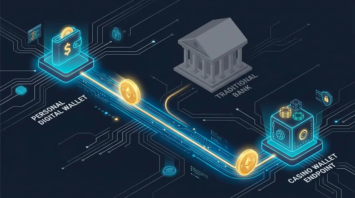Diagram of a cryptocurrency deposit moving from a personal wallet to a casino wallet bypassing banks