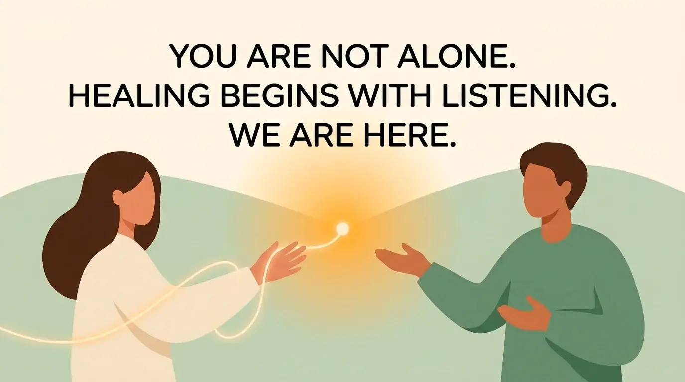 Warm illustration of a supportive helpline conversation with a person reaching out for help