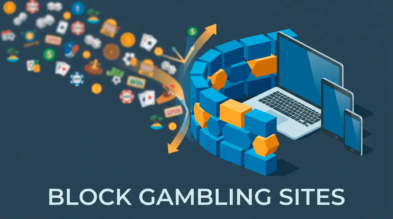 Illustration of blocking software covering UK, offshore and crypto gambling sites on multiple devices