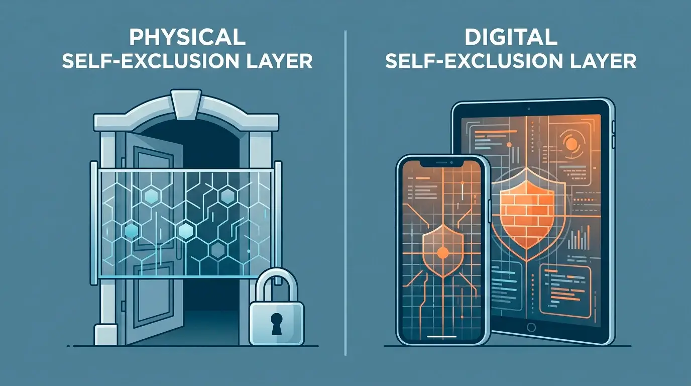 Illustration distinguishing venue-based self-exclusion from device-level online blocking
