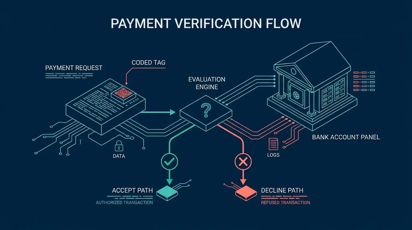 Diagram showing a payment tagged with merchant category code 7995 being checked against a bank account