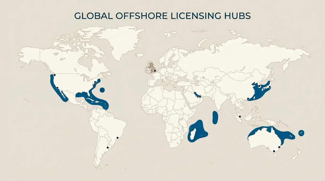 Stylised world map highlighting common offshore casino licensing jurisdictions outside the UK