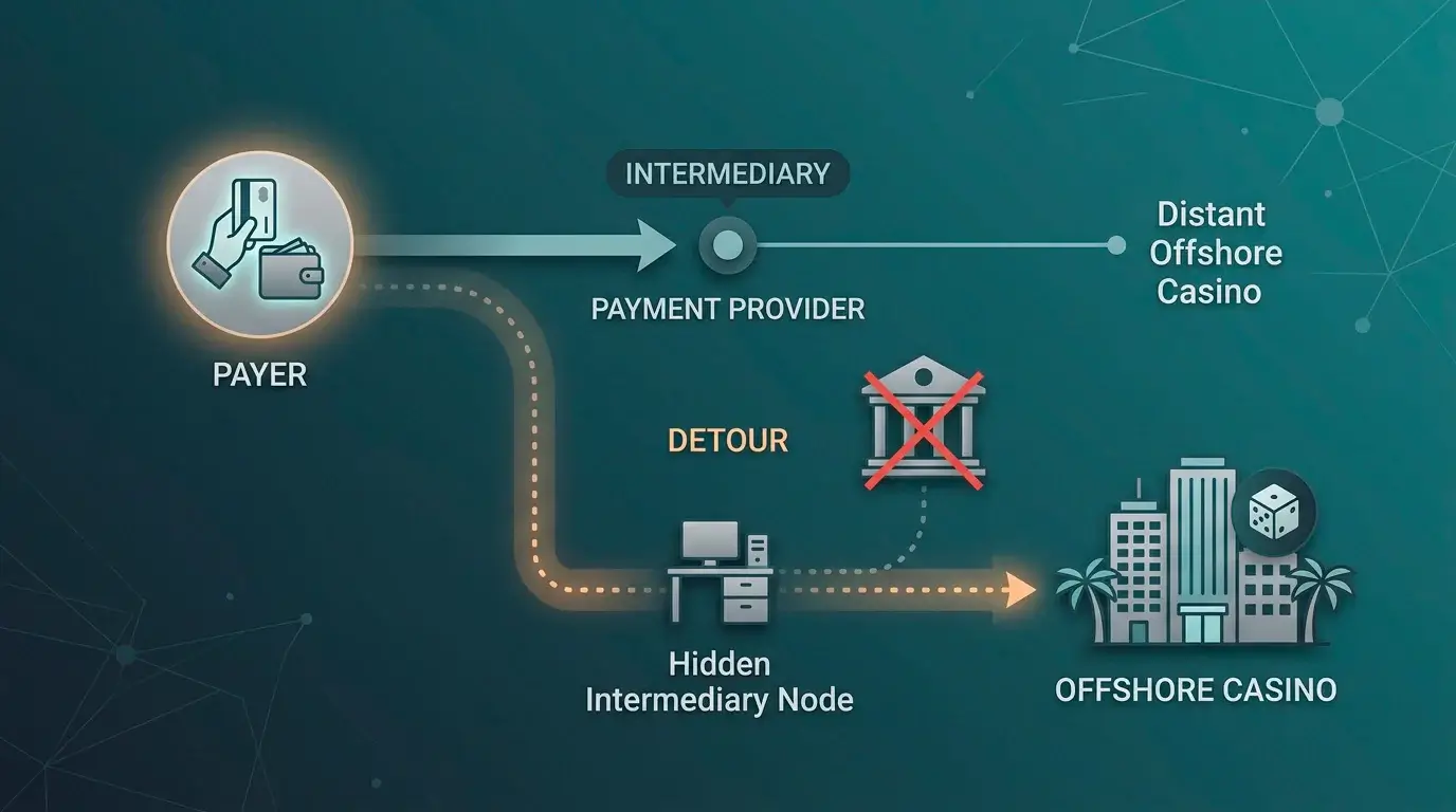 Diagram of a gambling deposit rerouted through a third-party processor to avoid a category-code block
