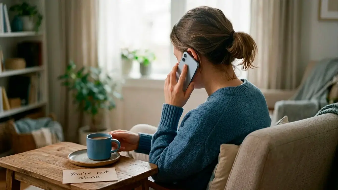 Person on a phone call to a gambling support helpline with a calm, supportive setting