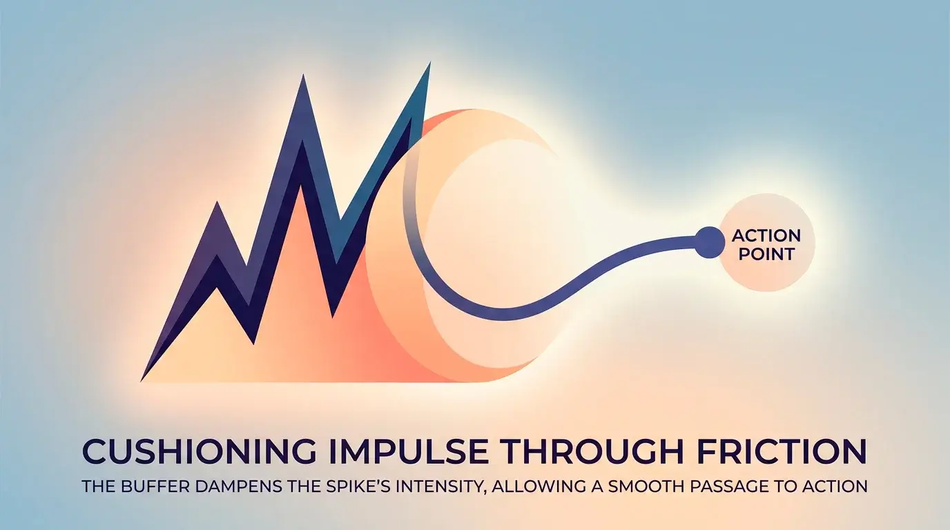 Illustration of a brief pause cushioning a sudden spike, representing friction before acting on an urge