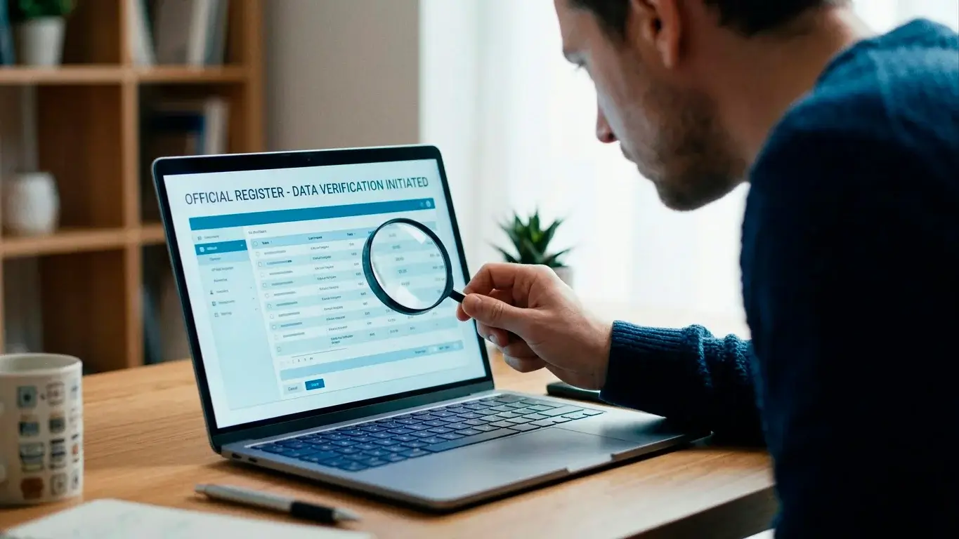 Person checking an online regulator licence register on a screen to verify a casino licence