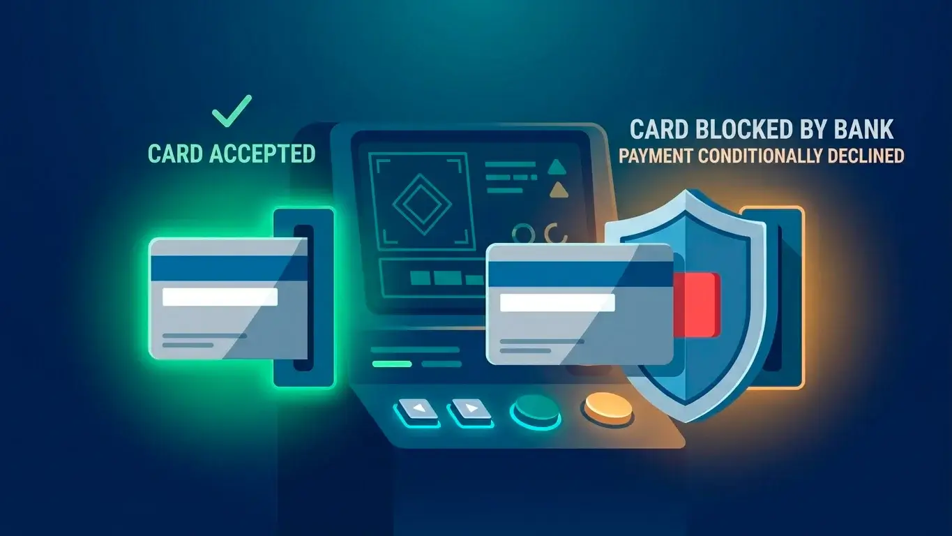 Illustration of debit and credit cards being processed at an offshore casino with a UK bank shown declining one
