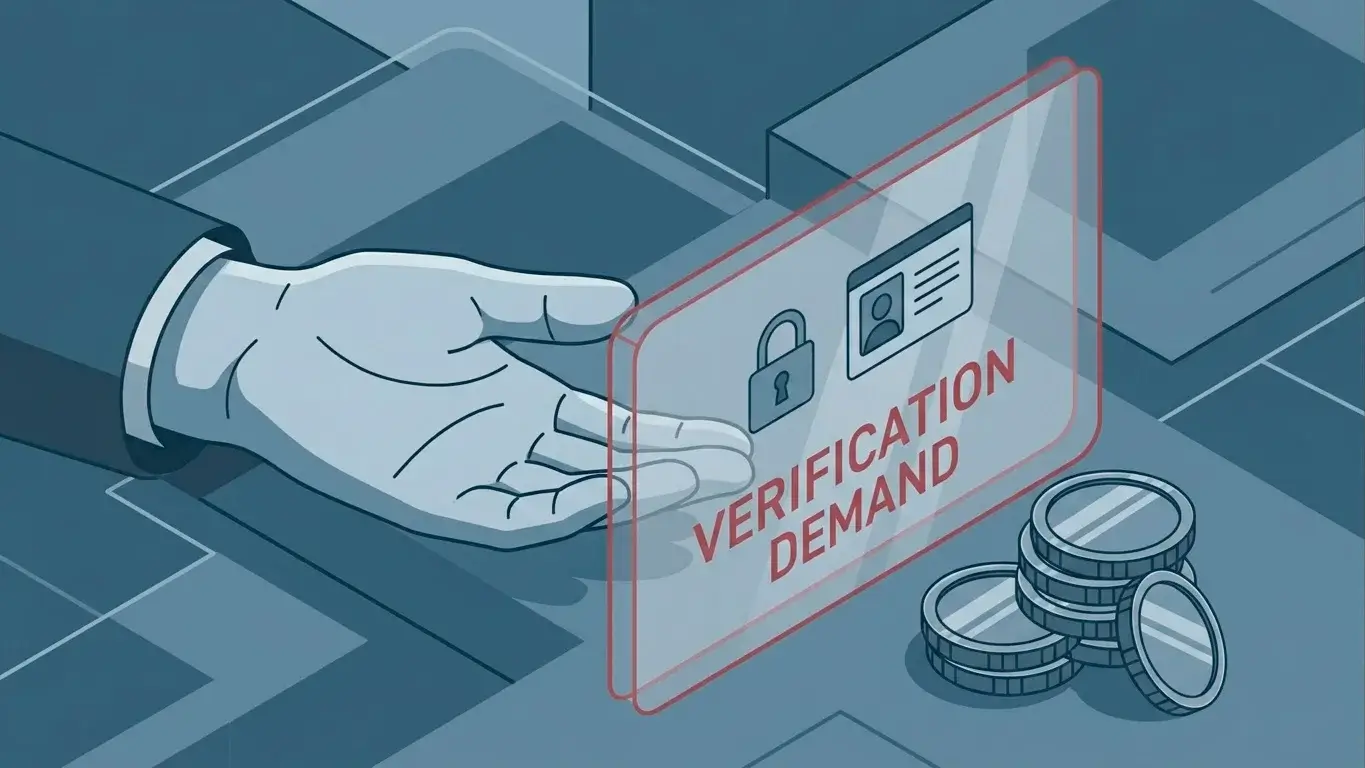 A withdrawal blocked behind a sudden identity verification demand representing the withdrawal trap