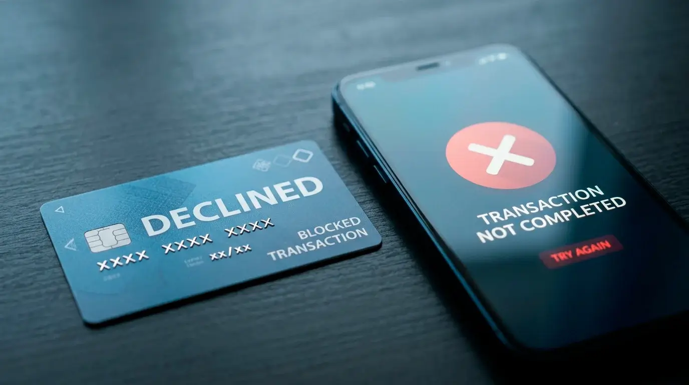 A blocked bank card and withdrawal screen representing payment friction at offshore casinos