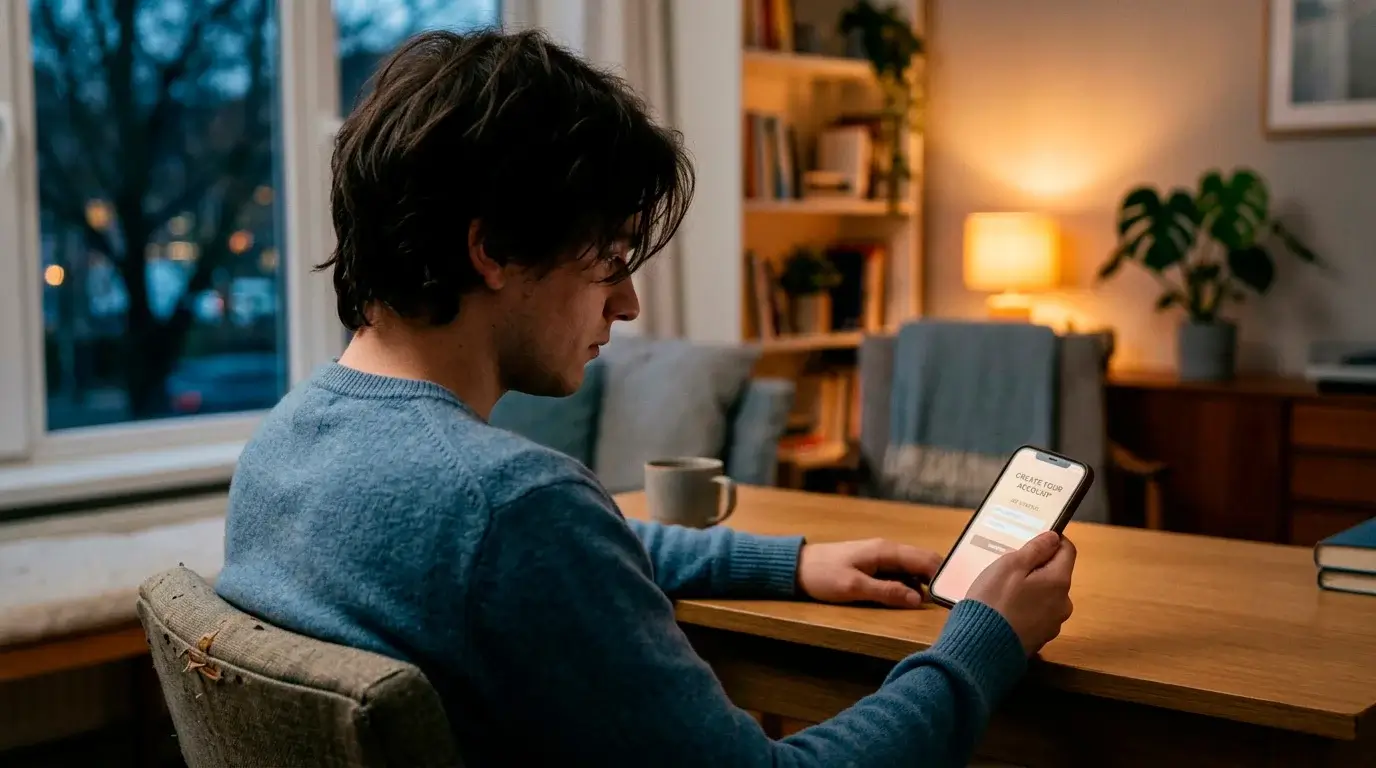 Young adult looking thoughtfully at a phone showing a self-exclusion sign-up screen